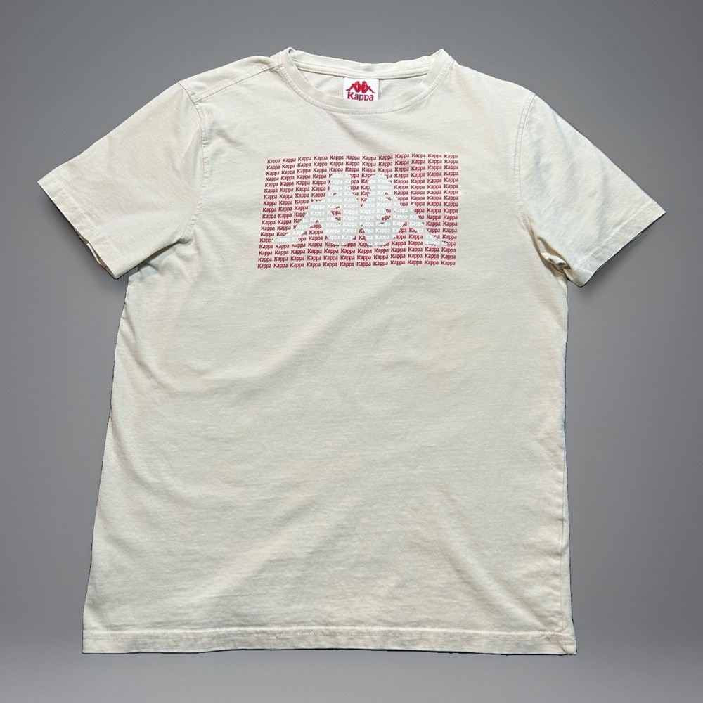Vintage Kappa Shirt Mens Medium Cream Beige Graphic Tee Repeating Logo